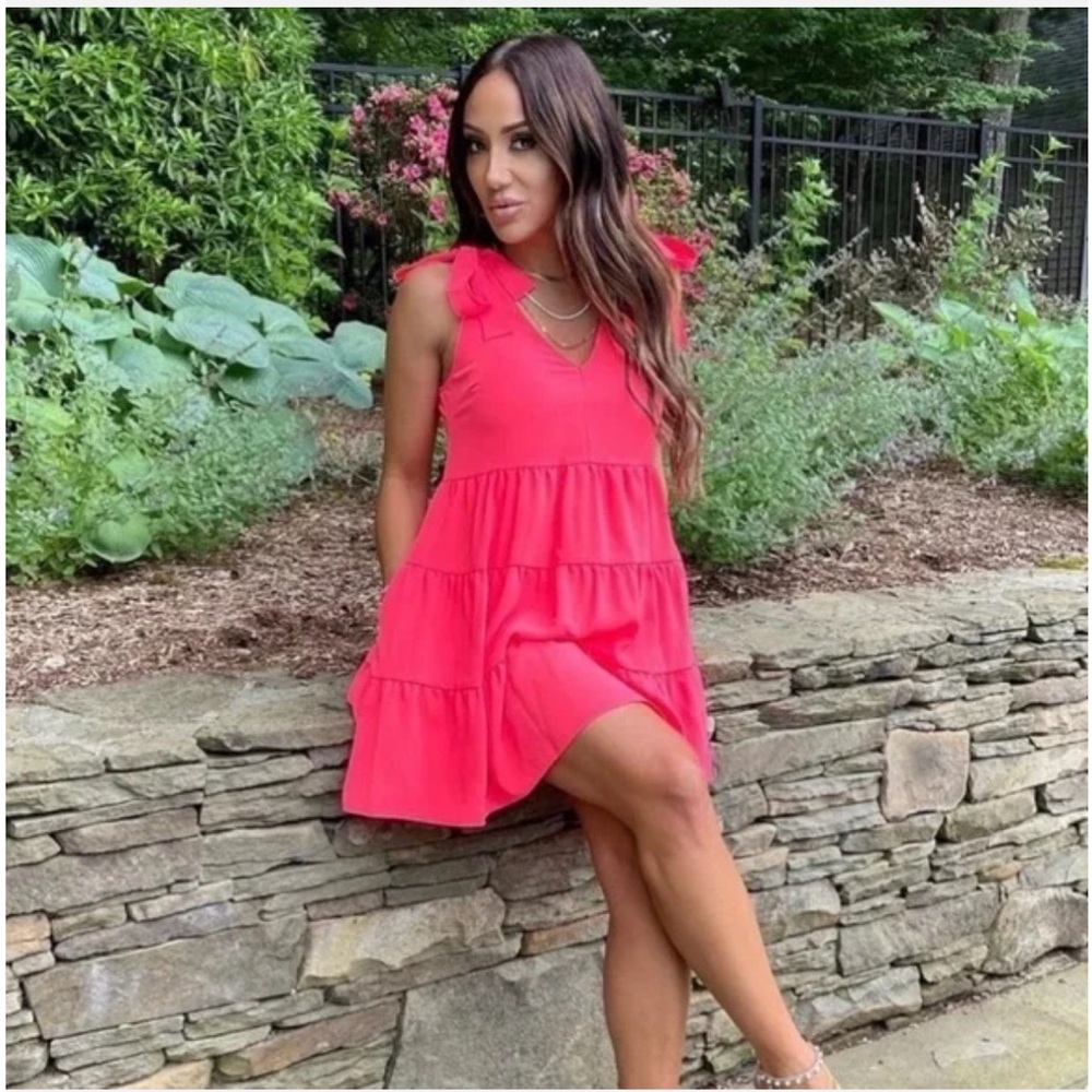 Amanda Uprichard Pruitt Tiered Dress Hot Neon Pink Small